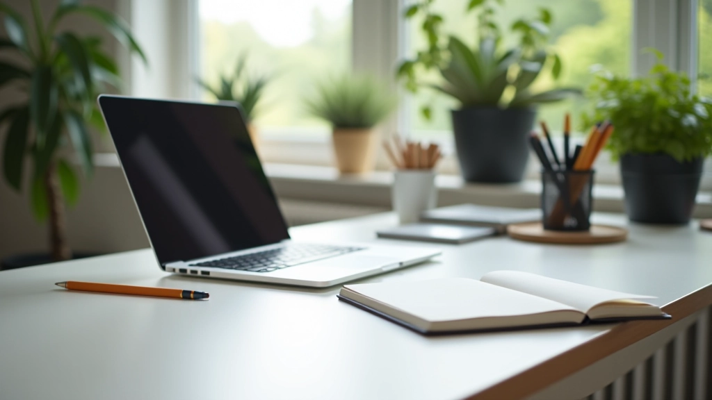 Arbejdsplads med computer og notesbog viser struktur og organisation