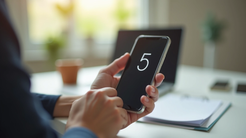 Hånd der sætter en timer på smartphone, tydelig fokus på tallet 5, minimalistisk baggrund