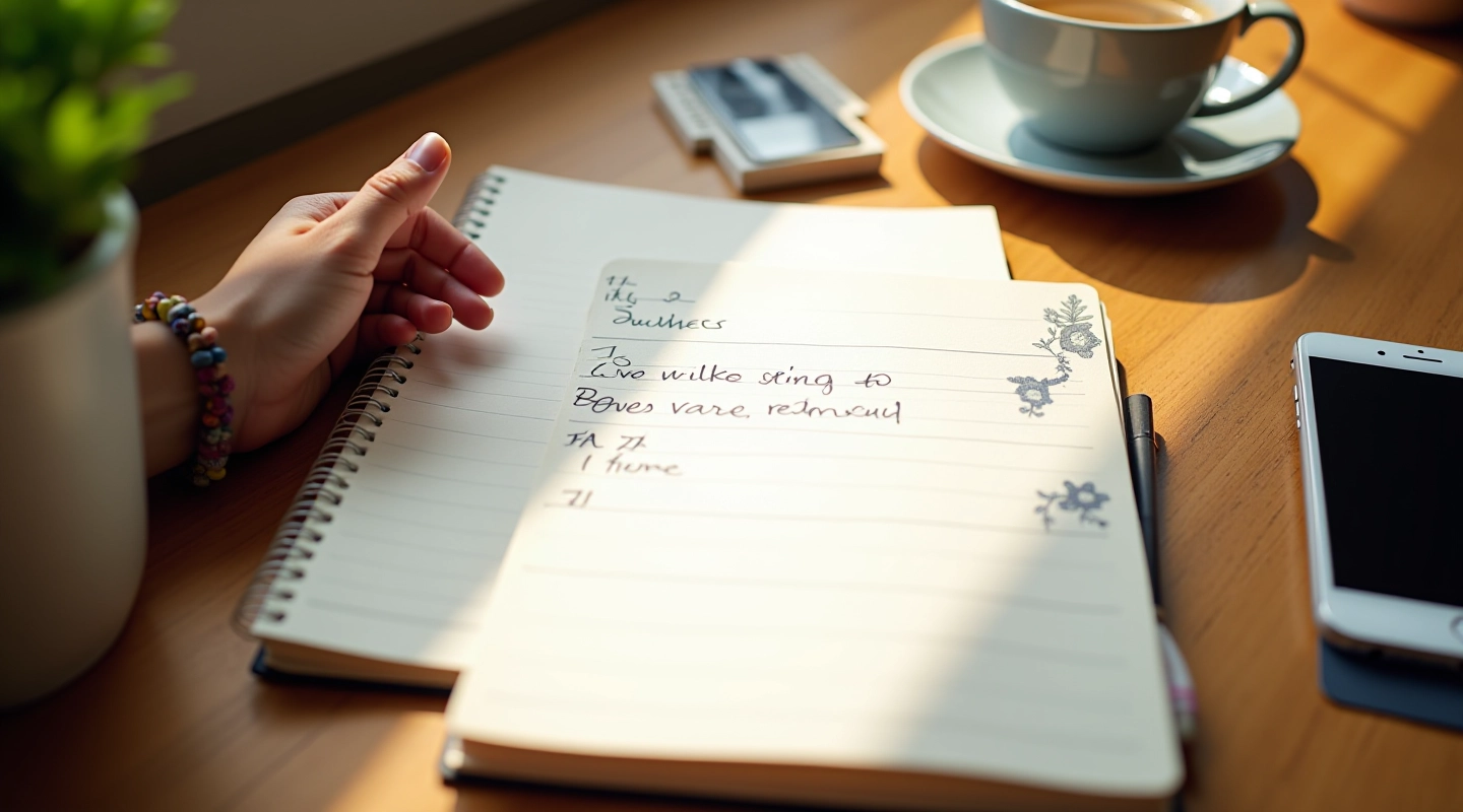 Notesbog med håndskrevne noter på skrivebord med kaffe og smartphone