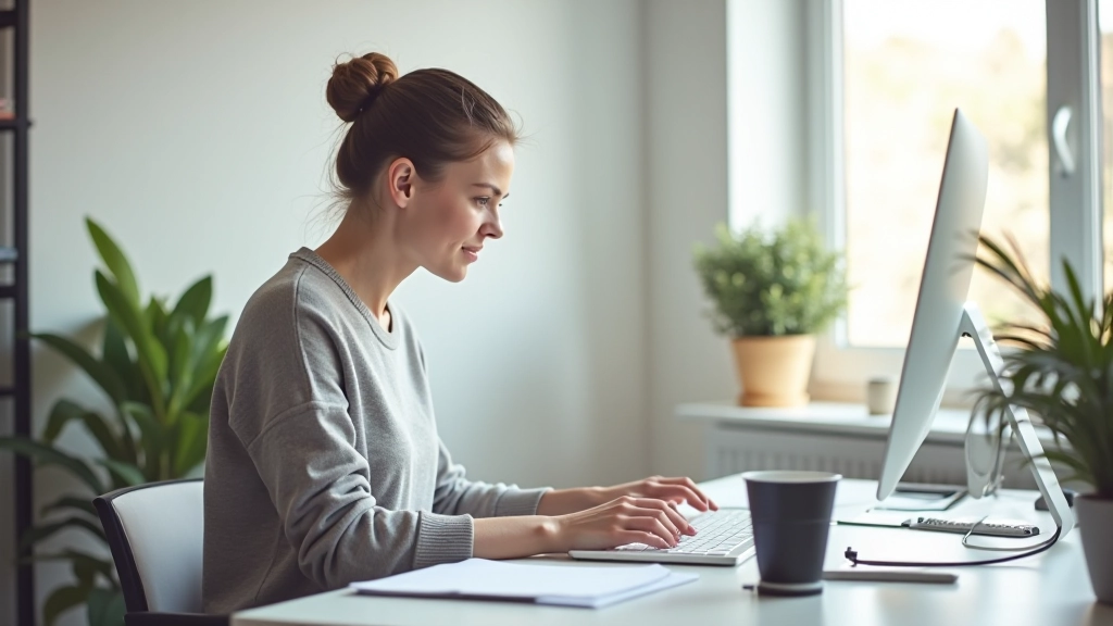 Person der arbejder fokuseret ved computer med minimal arbejdsplads