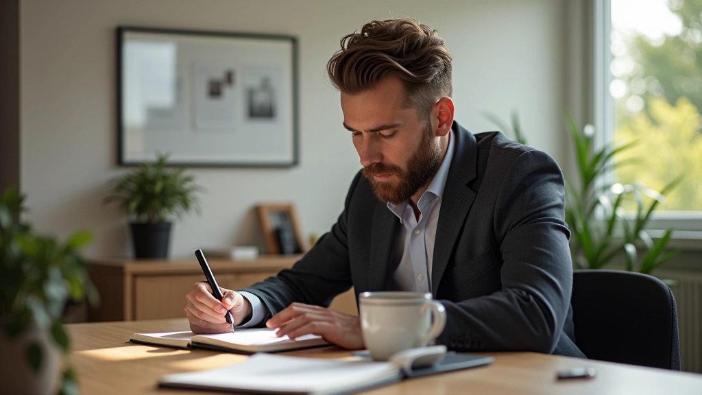 Person der arbejder fokuseret ved skrivebord med notesbog og kaffekop