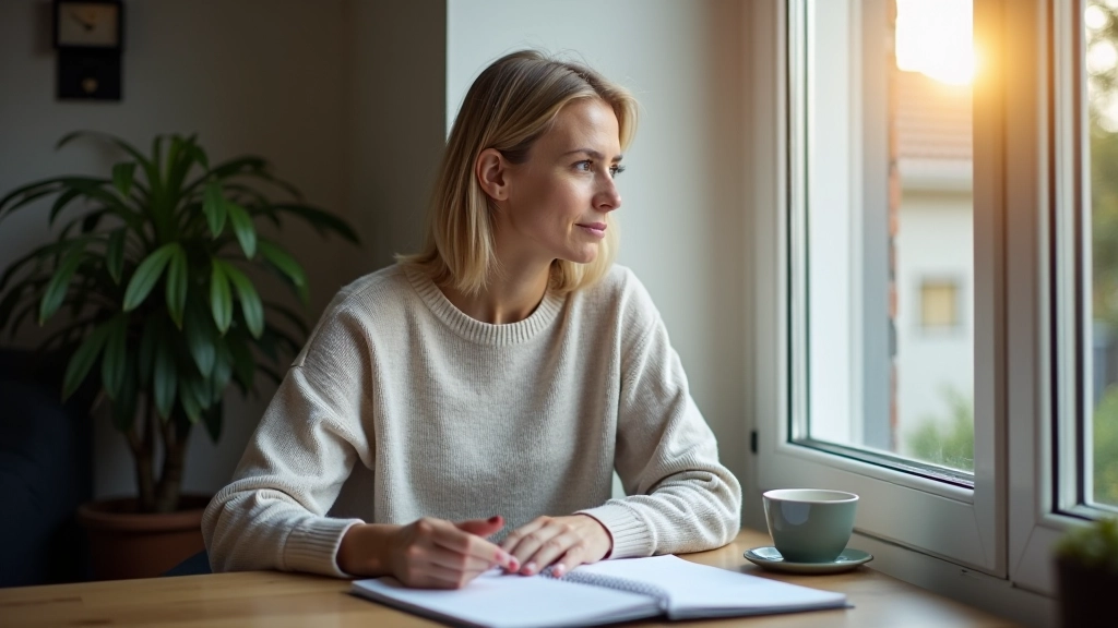 Person der reflekterer over daglig planlægning med dag bog og kaffe ved vinduet