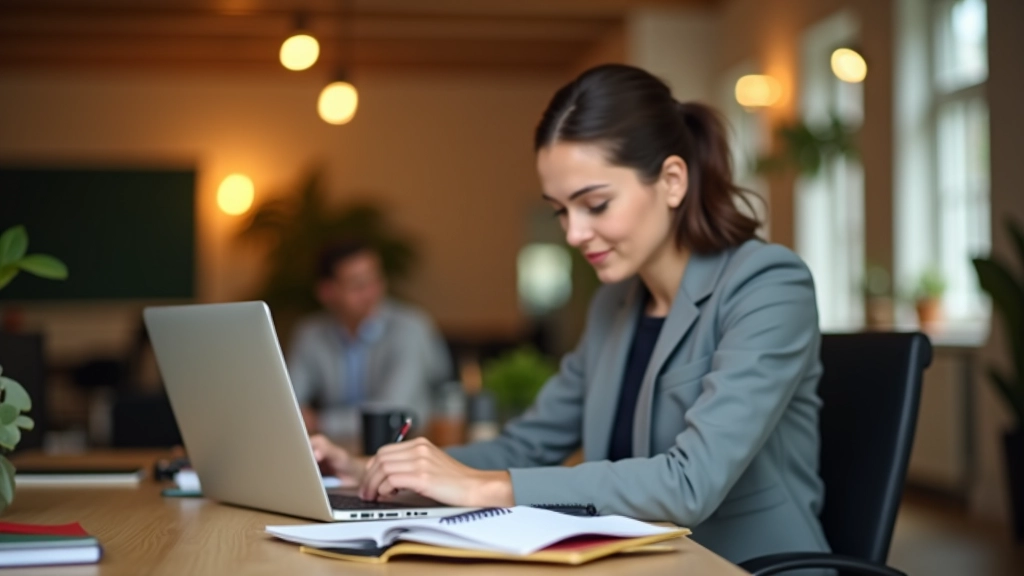 Person der arbejder fokuseret ved computer med notesbog og kaffekopp på skrivebord